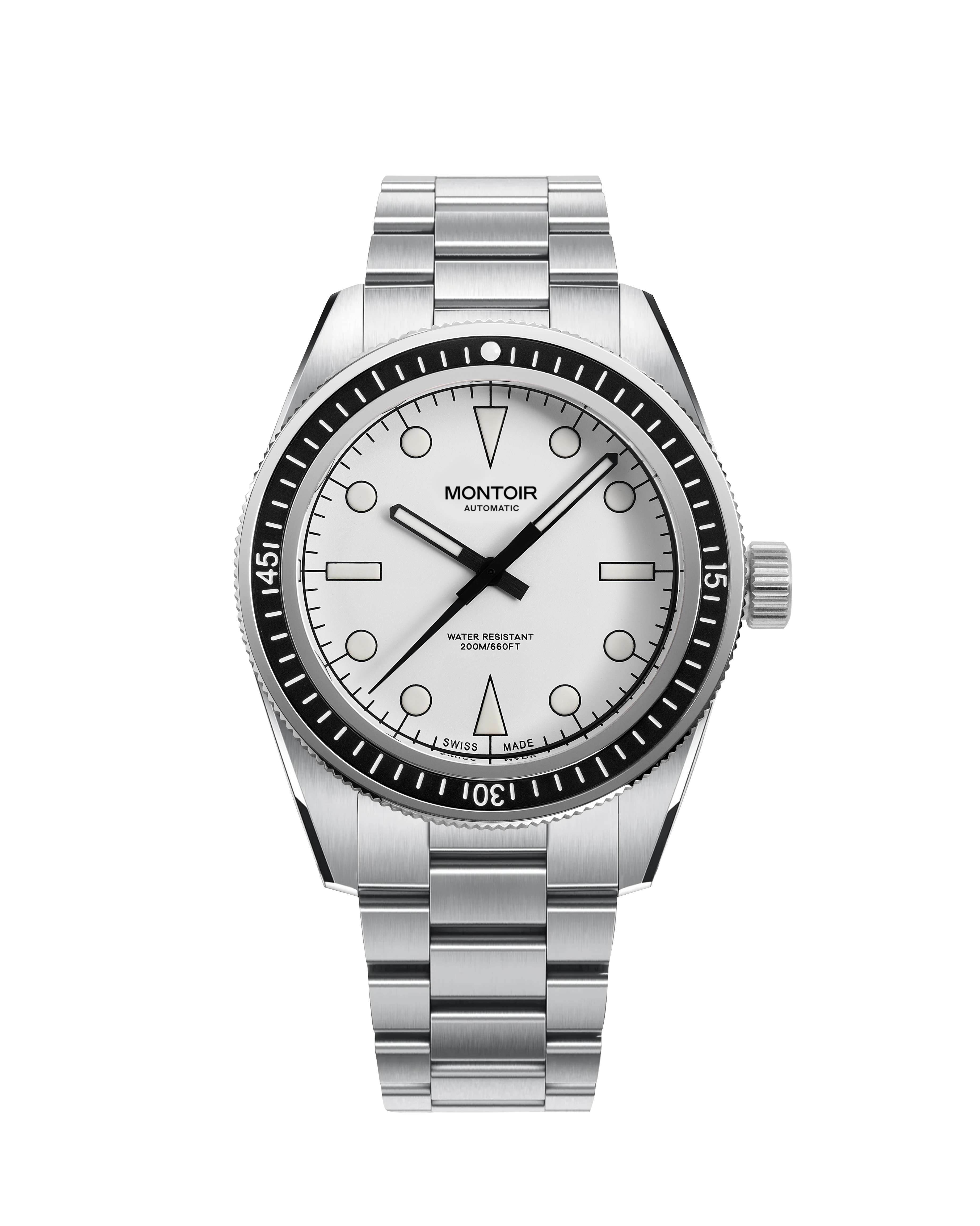 Stainless steel men’s dive watch with a white dial and black bezel on metal bracelet