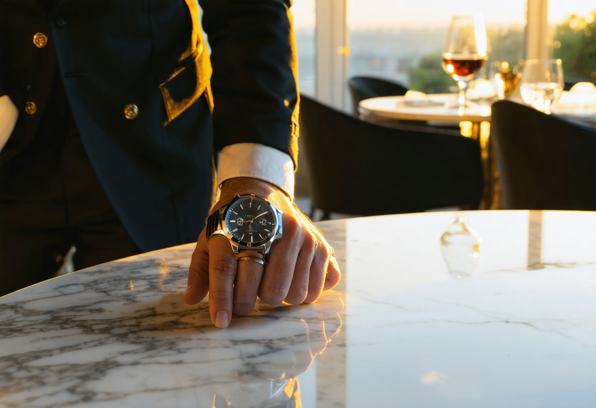 Refined gentleman wearing a luxury dive watch under 1000, exuding timeless elegance in a sunlit setting